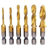 Lcyen 6 Stück Kombi Gewindebohrer Bit Satz 1/4'' HSS M3-M10, Schraube Sechskantschaft Senker Werkzeuge Bohrer Bit Set, Gewindebohrer aus HSS mit Sechskantschaft mit Titan-Beschichtung