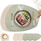 Heli MAIO 6er Set Tischset aus Leder-Imitat，Platzsets abwaschbar und wasserdicht，Platzdeckchen Lederoptik mit Untersetzer,Tischuntersetzer Doppelseitigen rutschfest(Oval,Hellgrün+Beige)