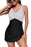 SHEKINI Damen-Badeanzug, einteilig, V-Ausschnitt, Bauchkontrolle, Badekleid, bescheidener Kordelzug, Badeanzug mit gepolstertem Rock, Schwarzer Streifen, Medium