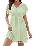 Weardear Damen Strandkleid Sommer Bikini Cover Up mit Quasten Chiffon Strandponcho Sexy V Ausschnitt Taille Bademode Hellgrün S