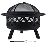 Ejoyous Feuerschale mit Funkenschutz, Feuerstelle Gartenkamin Feuerlaterne Gartenofen Arten Terrasse Feuerstelle Feuerkorb Feuer mit Eisenhaken und Deckel 76x60x43cm