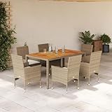LAPOOH 7-TLG. Garten-Essgruppe mit Kissen Beige Poly Rattan Akazie, Esstisch Mit Stühlen Set, Gartenmöbel Sitzgruppe, Balkon Möbel, Gartenlounge Set, Terrassenmöbel, Balkonmöbel Set - 3278684