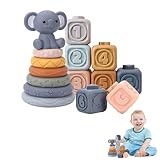 WRQIOO Montessori Spielzeug Baby, 13 PCS Stapelturm Baby Zahn Silikon, Motorikspielzeug ab 6 Monate, Elefanten Stapelspielzeug B-aby, Stapelringe, Stapelwürfel für 6 12 18 Monate Jungen und Mädchen