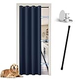 JCyh Tür Vorhang innen mit Stange und Magnetknopf, Türvorhang ohne Bohren für Küche/Schlafzimmer/Wohnzimmer/Abstellraum, Türvorhang Dunkelblau + Teleskopstange Schwarz 70-125 cm