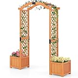 COSTWAY 2 in 1 Rosenbogen mit Blumenkasten, Gartenbogen Holz, Torbogen für Kletterpflanzen, Spalier Rankhilfe Rankgitter Rankbogen, Halbbogen für Garten, Hochzeit, Party, Tannenholz, 185x45x201cm