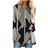 Damen-Top, elegant, lässig, langärmelig, Farbblock, Tunika, Hemden, Creneeck, locker, bequem, fließend, langes T-Shirt, Blusen, #G01, schwarz, Groß