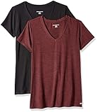 Amazon Essentials Damen Tech-Stretch-T-Shirt mit kurzen Ärmeln und V-Ausschnitt (erhältlich in Übergröße), 2er-Pack, Burgunderrot Space-dye/Schwarz, XL
