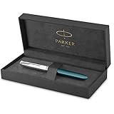 Parker 51 Füller | Petrolblauer Schaft mit Chromfarbenen Zierteilen | Füllfederhalter mit feiner Feder und schwarzer Tintenpatrone | Geschenkbox