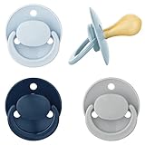 babynova Latex Baby Schnuller 4er-Set mit Kirschform – Für Babys von 0-24 Monate - Nuckel aus Naturkautschuk – BPA-frei – Made in Germany - Blau & Grau