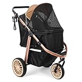 DAISTERN Hundebuggy bis 30KG, Klappbarer Aluminium-Hundewagen, Gepolsterte Liegefläche, Schwenkbares Vorderrad, Große Hinterrad, Hinterradbremsen, Verstellbarer Griff, Sicherheitsleine