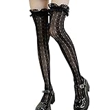 ULIJTH Oberschenkelhohe Socken für Damen, japanisches Herz, gestreift, Spitze, gemustert, Overknee, lange Strümpfe, gerüschte Rüschen, Strumpfwaren, Strümpfe, Größe XL, Schwarz , Knee socks