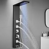 LED Duschpaneel mit Armatur, OUGOO 5 Funktionen Duschpaneele Komplett mit Regendusche, Wasserfalldusche, 3 Massagedüsen, Handbrause und Wanneneinlauf, Dusche Panel Edelstahl, Schwarz