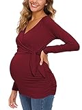 Love2Mi Umstands-Shirts Langarm Wrap Krawatte Vorderseite Seite Geraffte Mutterschaft Tee Top Schwangerschaft Kleidung, Weinrot, Klein