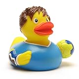 Duckshop I Badeente Handball I Quietscheentchen I Quietscheente I L: 8 cm I inkl. Badeenten-Schlüsselanhänger im Set I Geschenk für Sportler I Geschenk für Handballer I Geschenk für Sport Fans