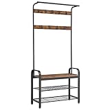 VASAGLE Garderobenständer, Garderobe, mit Schuhbank, 4-in-1 Design, 9 abnehmbare Haken, Kleiderstange, Eingangsbereich, Flur, 33,7 x 84 x 183 cm, Industrie-Design, vintagebraun-schwarz HSR400B01