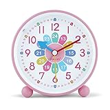 Lafocuse Kinderwecker Rosa ohne Ticken, Metall Lernwecker Einfach zu Lesen, Kinderuhr Lautlos mit Nachtlicht, Bunte Analog Wecker für Jungen und Mädchen Kinderzimmer 10.5cm