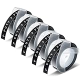PUTY Prägegerät Etiketten Kompatible mit Dymo Etikettenband 9mm Schwarz, Prägegerät Prägeband Kompatibel mit Dymo Omega Etikettenband, 3D Schriftbänder Kompatibel mit Prägeband, 5 Rollen