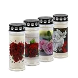 Horeca Candles - Grabkerzen 7 Tage Brenndauer - 4er Set Grablicht mit Deckel - Weiß Wachs - Trauerkerzen mit Motiv - Friedhofskerze für Grabdeko