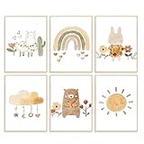 Dazzlewall 6-teilige Warme Kinderzimmer-Wandkunstdrucke, Niedliches Häschen-Regenbogen-Wandkunstposter für Baby-Mädchenzimmer-Dekor 8x10 Zoll ungerahmt