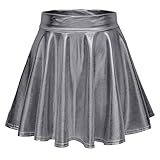 Damen Glänzend Ausgestellter Rock Micro Glocken Rock Metallischer Skater Röcke Hohe Taille Faltenrock Karneval Kostüme Glitzer Cheerleading Lederrock Wetlook Clubwear