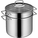 WMF Nudeltopf mit Sieb 24 cm Induktion, Kochtopf groß 7l, Spaghettitopf mit Glasdeckel, Cromargan Edelstahl poliert, Pastatopf