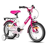 HILAND Rosa 12 Zoll Kinderfahrrad für Mädchen 3,4,5 Jahre mit Stützräder Handbremse Rücktrittbremse Gepäckträger