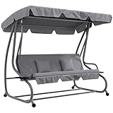 Outsunny Hollywoodschaukel mit Liegefunktion, 3-Sitzer Gartenschaukel mit Verstellbarem Dach, Beistelltisch, wasserabweisender Schaukelbank belastbar bis 340kg, für Garten, 200x120x164cm, Hellgrau