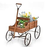 HOMASIS Blumenwagen Holz, Blumenkarre mit 4 Metall Rädern, Griff & 2 Fächern, Blumenständer Holzwagen Pflanzschubkarre, Blumenkasten Gartendeko für Garten Balkon Terasse, 62x34x60cm (Braun)