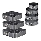 Relaxdays Springform Set, 7-teilig, rund & quadratisch, 18-28 cm, Stahl, Antihaftbeschichtung, Backformen, anthrazit
