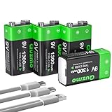 9V Wiederaufladbare Akku, 1300mAh Lithium-Ionen 9 Volt Block Batterien Schnellladung über USB-C ideal für Rauchmelder, Feuermelder, Multimeter (4 Stück)
