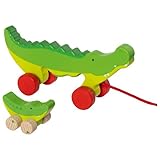 goki 54852 - Ziehtier Krokodile Cosmo & Crok aus Holz, Nachzieh-Spielzeug mit Tiermotiv, Lernspielzeug inkl. Schnur, Babyspielzeug fördert Koordination und Motorik, 22cm x 6cm x 10cm, ab 1 Jahr