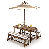 COSTWAY Kindersitzgruppe, Kinder Picknicktisch mit Bänke, Kissen & Sonnenschirm, Kindersitzgarnitur aus Holz, Sitzgarnitur, Sitzgruppe Outdoor, Gartenmöbel für Garten, Hinterhof, Terrasse (Hellbraun)