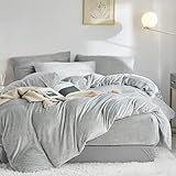 Warme Plüsch Kuschel Bettwäsche 135x200 Winter Grau Cashmere Touch Flauschige Fleece Bettwäsche 135 x 200 Frottee Nicki Samt Thermo Weiche Hellgrau Uni Microfaser Fleece Winterbettwäsche Set