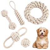 5 Stück Kauen Hundespielzeug Set,Interaktives Kauspielzeug aus Natürlicher Baumwolle,Hundespielzeug Seil mit Knoten Ball,für Kleine Mittlere Große Welpen Katzen Haustier Zahnpflege,Beige Leinen