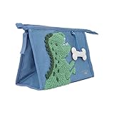 Depesche 12309 Dino World Dino Mini - Waschtasche in Blau, mit Dino-Motiv aus Frotteestoff und Knochen-Anhänger, Kulturbeutel mit Reißverschluss und Aufhänger