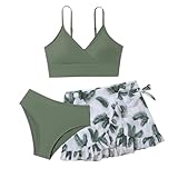 Bikini Mit Rock Mädchen Set 3 Teilig Sexy Bikinis Kinder Set Einfarbig -Sommer Bikini Set V Ausschnitt Push Up Bikini Oberteil Triangle Bikini High Waist Sport Bikini mit Bademode Swimsuit