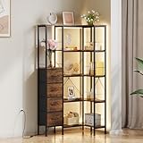 OYRREU 5 Ebenen Eckregal Stehend mit LED-Beleuchtung und 4 Schubladen, Regal, Bücherregal, küchenregal, Regale, Eckschrank, für Wohnzimmer Schlafzimmer Büro Küche, Vintagebraun
