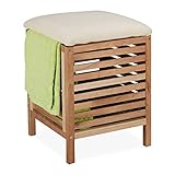 Relaxdays Wäschekorb mit Sitz, Walnussholz, Stoff, 35 l Wäschesammler, HBT: 51x39x39 cm, Badhocker mit Stauraum, Natur