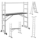 Gimisgu Gerüst, 4 in 1 Alu Multifunktionsleiter 6+6 Stufen, Mobile Mehrzweckleiter mit Plattform und 2 Räder, Arbeitsgerüst, Arbeitsbühne, Belastbar bis max. 150 Kg, Silber