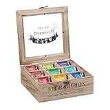 Relaxdays Boîte à thé Bois 9 compartiments Teebox, 9 Fächer, Holz, Teekiste mit Sichtfenster, Teebeutel, Kaffeepads, Gewürze, HBT: 9 x 24 x 25 cm, Natur, 70, 20% Kunststoff, 10% Eisen, 1 Stück