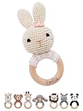 Bärenfreunde® - Personalisierter Beißring Baby - Niedlicher Greifling für Baby's ab 0 Monate - Babyrassel mit Name als Baby Geschenk für Mädchen und Jungen (Hase gestreift rosa,mit Name)