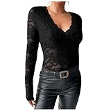 Damen Elegant Spitze Oberteil V Ausschnitt Langarm Durchsichtig Mesh Stickerei Blumen Langarmshirt Lace Hochgeschlossene Top Bluse Shirt Transparent Netzoberteil Blumenmuster Spitzenbluse Party (S)