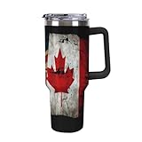 40 oz Autobecher mit Henkel und kanadischer Amerika-Flagge, 2-in-1-Strohhalm und Trinkdeckel, auslaufsicherer, isolierter Reisekaffeebecher aus Edelstahl mit großem Fassungsvermögen, passt in den Getr