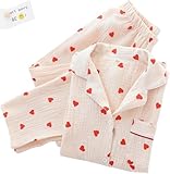 Pyjama-Set mit Herz-Print, Baumwoll-Pyjama-Set, süßes Langarm-Button-Down-Shirt mit Herz-Print und Langer Hose,Beige,M