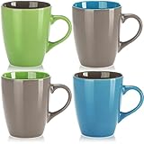 com-four® 4x Kaffeetassen aus Keramik - Kaffeepott für Kalt- und Heißgetränke - Kaffee-Becher in modernem Design - farbige Henkeltasse - Trinkbecher 300 ml (04 Stück - blau/grün/grau)