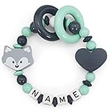Baby Greifring personalisiert mit Namen | VIELE FARBEN | Mädchen & Jungen Babyspielzeug & Lernspielzeug als Geschenk zur Geburt, Taufe | Fuchs und Herz (mint)