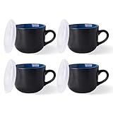 GBHOME Keramik-Suppentassen mit Deckel, 700 ml Suppenschalen mit Griff für Kaffee, Müsli, Salat, Nudeln, Tee, Suppenteller – Mikrowellen- & Spülmaschinengeeignet, Set aus 4 Stück