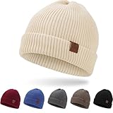 BARFULKER Mütze Herren Damen Winter Beanie Mütze Warme Wintermütze Thermo Dehnbare Strickmützen Bequem Wollmütze Winddichte Laufmützen Cuffed Hats für Frauen Männer Unisex,Beige