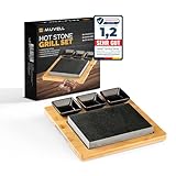 Muvell Hot Stone - Steak Stein - Heiße Steinplatte aus Granitstein mit Bambus Holzbrett & 3 Beilageschälchen Dipschalen Saucen-Schälchen (Schwarz)