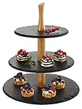 APS 3-stufige Etagere, Schieferplatten, Ø 30 cm, Ø 25 cm, Ø 20 cm, H:34 cm, Akazienholz